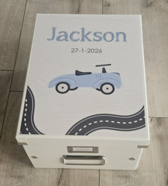 Bewaardoos met naam Racewagen blauw