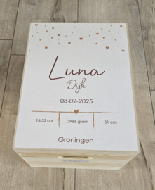 Houten herinneringskist met geboortegegevens -Hartjes en Sterretjes