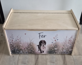 Grote houten opbergkist-zitbankje met Geboortekaartje