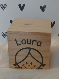 houten spaarpot met naam en meisjeshoofdje
