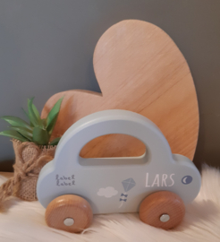 ''Label Label'' houten auto met handvat blauw (met naam)