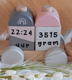 ''Label Label'' houten blokkentrein roze-grijs (met naam)