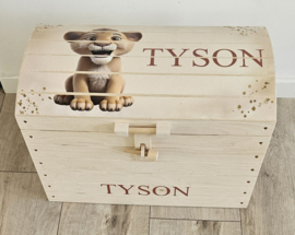 Naturel houten speelgoedkist met naam 'Schattig Leeuwtje' beige