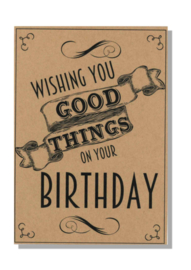 kaart  + envelop + postzegel 'WISHING YOU GOOD THINGS ON YOUR BIRTHDAY'