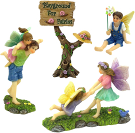 A Joyful Fairy Playground Set with Girl Fairies and Boy Fairies and a Cute Fairy Garden Sign – Fairy Garden Supplies 4 Pieces