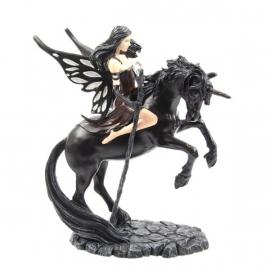 Dark Fantasy Fairy with Crystal Staff Riding Black Unicorn