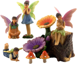 Fairy Garden Accessories Kit – Miniature Fairy Figurines & Flower Stump Supplies – 7 Pieces