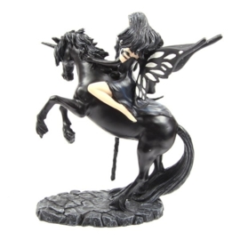 Dark Fantasy Fairy with Crystal Staff Riding Black Unicorn