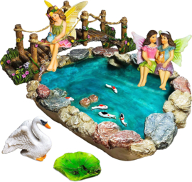 Fairy Garden Fish Pond Kit - Miniature Bridge Fairy Garden Figurines with Accessories - Hand Painted Set of 6 pcs for Outdoor or House Decor