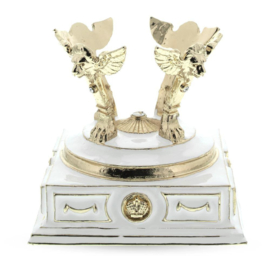 Golden Hands on White Enamel Pedestal Metal Egg Stand Holder Display