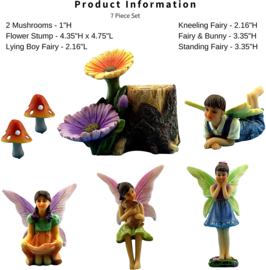 Fairy Garden Accessories Kit – Miniature Fairy Figurines & Flower Stump Supplies – 7 Pieces