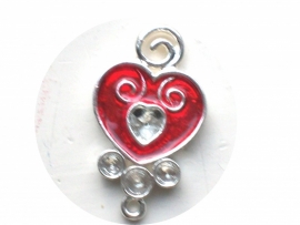 090008 Hart zilver versierd met rood expoxy  hanger of tussenzetsel