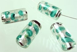 110182 Glas Italian-style cilinder met zilverfolie, bewerkt ± 20x10mm (Aquamarijnblauw)