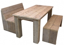 Complete set: met tafel en 2 bankjes van oud steigerhout ( SET)