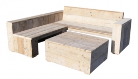 Doe-Het-Zelf bouwpakket Lounge hoekbank 200x200cm+ hocker 60x60cm nieuw hout (voorraad magazijn artikel)