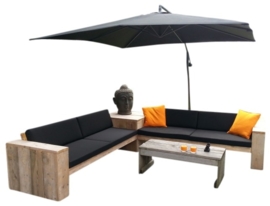 Doe-Het-Zelf bouwpakket Lounge hoekbank + hoektafel van nieuw of oud steigerhout