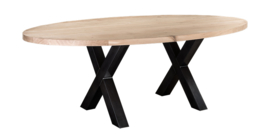 Eiken ovale tafel 4cm dik blad en stalen X onderstel