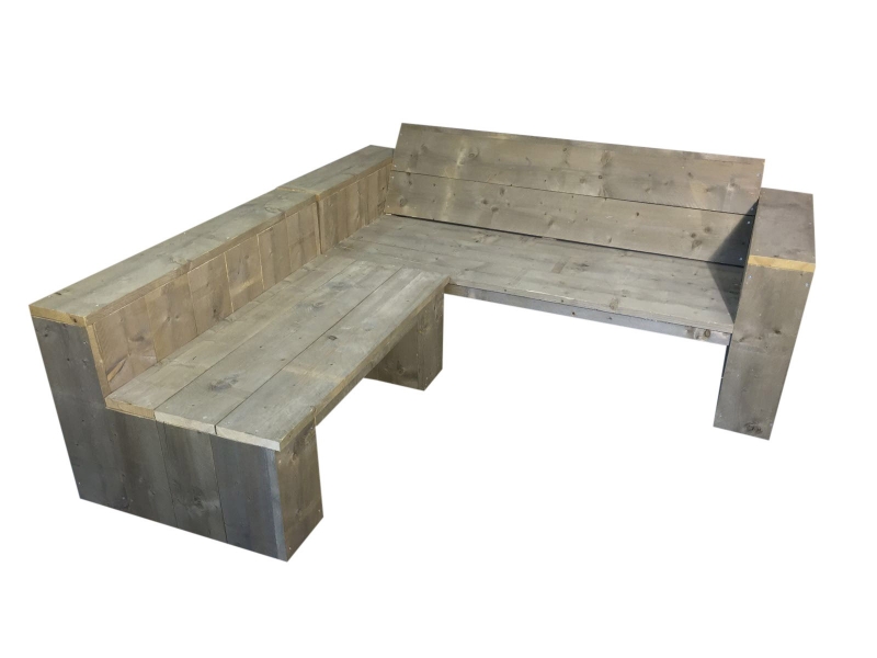 Lounge hoekbank van oud steigerhout 250x300cm (voorraad magazijn artikel)