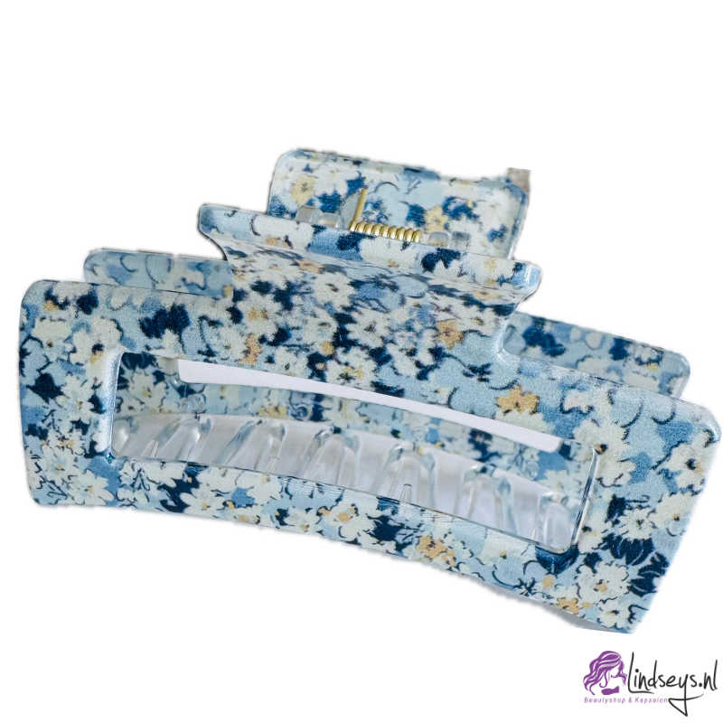 Vintage Bloemen Haarklem – Rechthoekig 8 cm – Lichtblauw met Wit