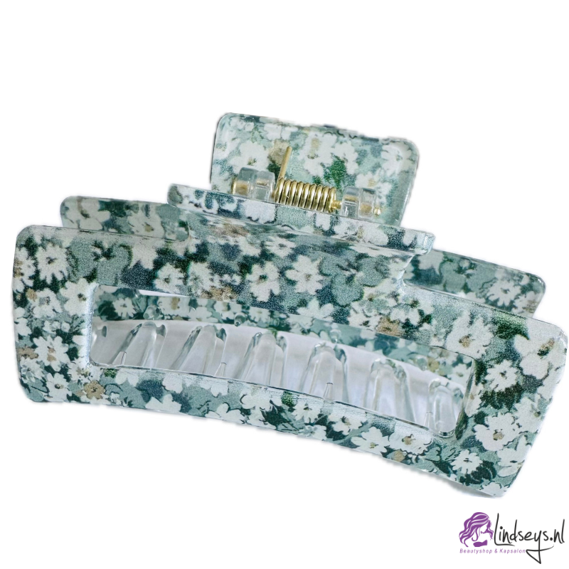 Vintage Bloemen Haarklem – Rechthoekig 8 cm – Donkergroen met Wit