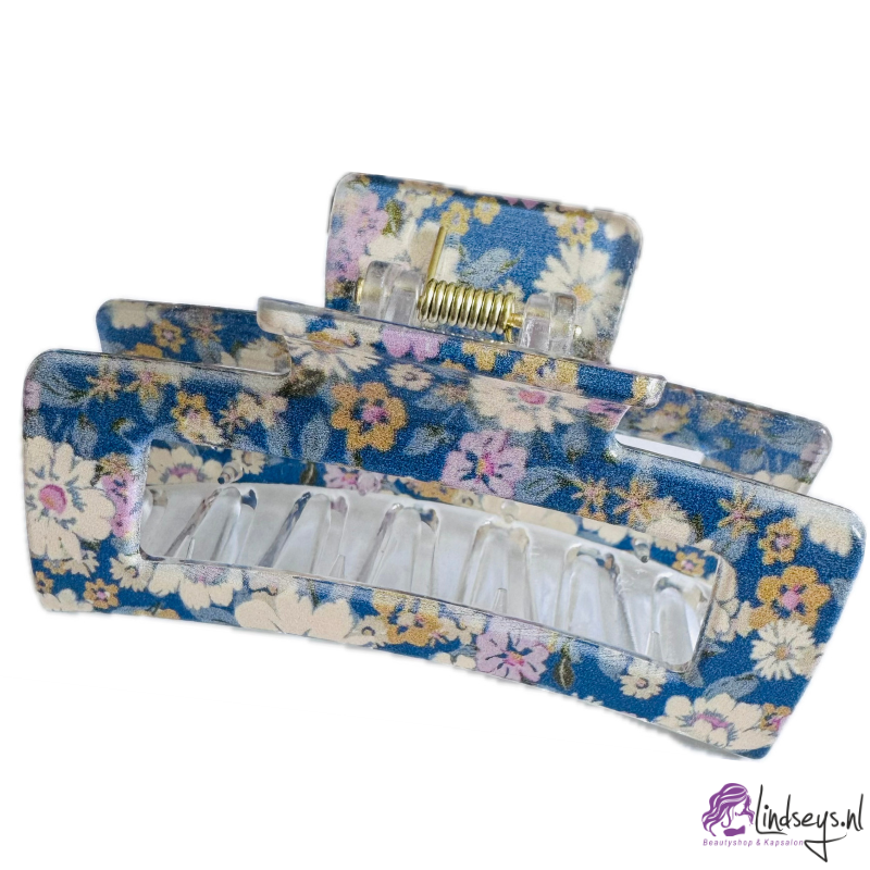 Vintage Bloemen Haarklem – Rechthoekig 8 cm – Donkerblauw met Zachtgekleurde Bloemen