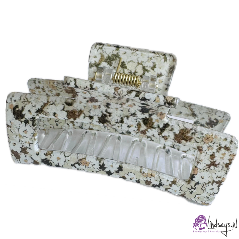 Vintage Bloemen - Haarklem – Rechthoekig - 8 cm – Oudgroen met Crème