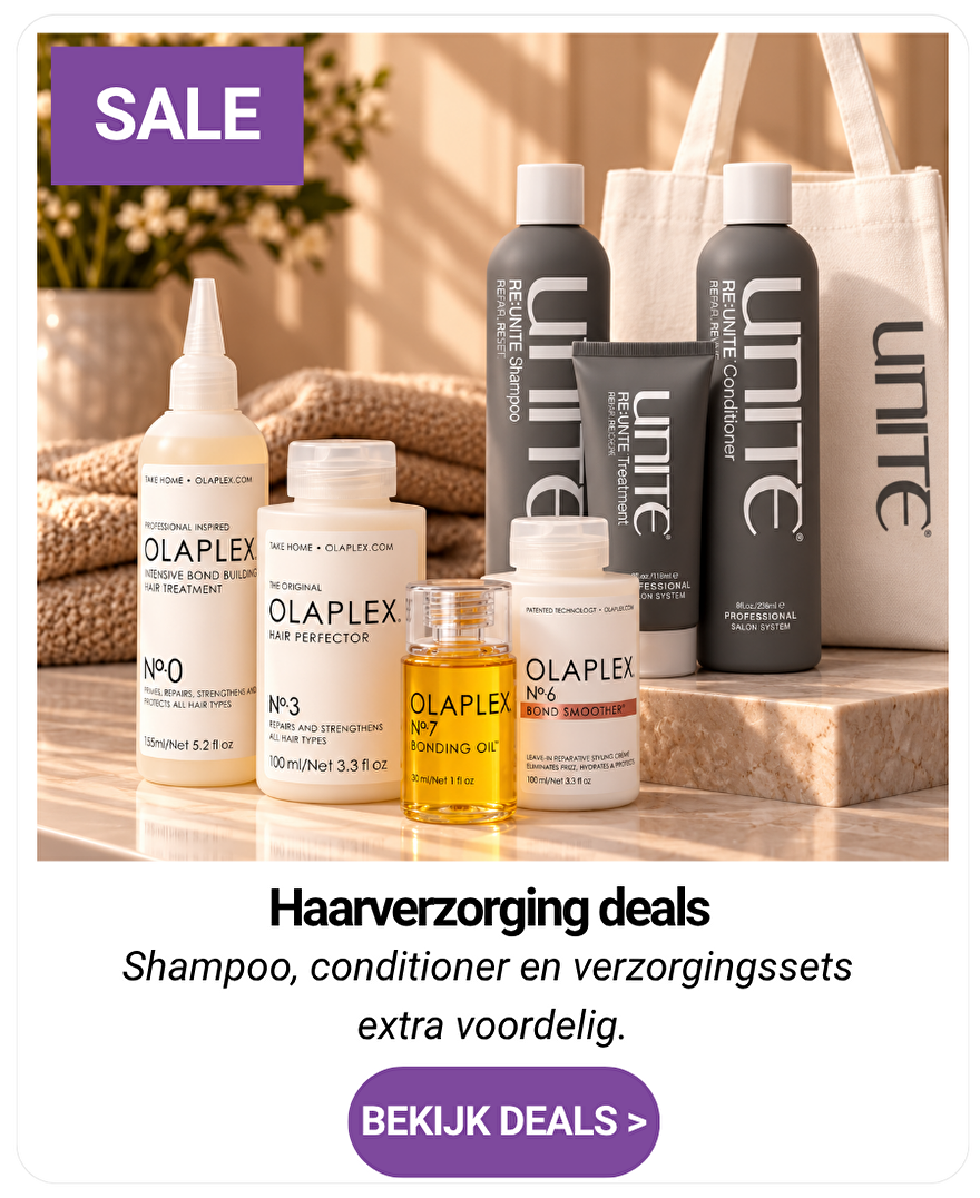 Professionele haarverzorging van Olaplex en Unite, met shampoos, conditioners en haarbehandelingen in een luxe setting.