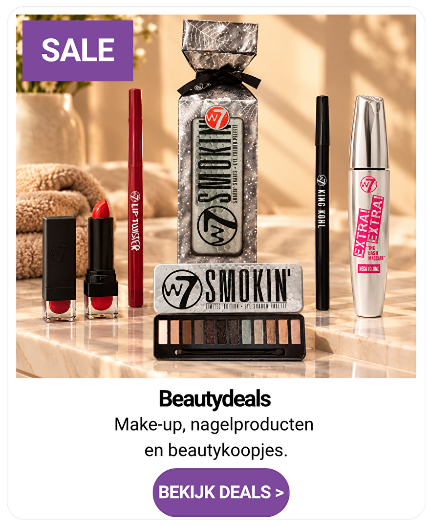 Beautydeals bij Lindseys.nl met W7 make-up, waaronder een oogschaduwpalette, lipstick, eyeliner en mascara.