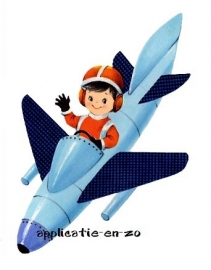 SUPER full color strijkapplicatie vintage jongetje in blauw vliegtuig