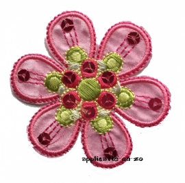 strijkapplicatie bloem roze met pailletten