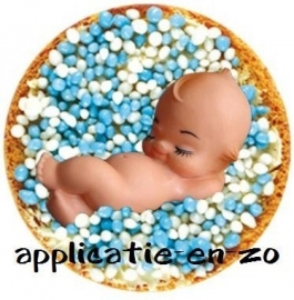 SUPER full color strijkapplicatie beschuit met muisjes blauw