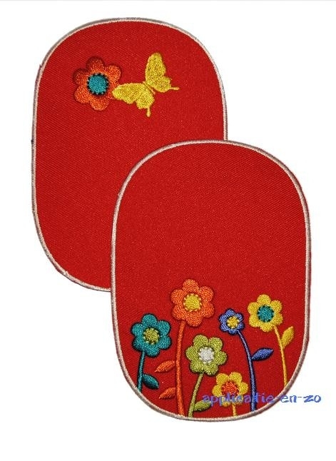 kniestukken vlinder en bloemen rood (2 stuks) opstrijkbaar