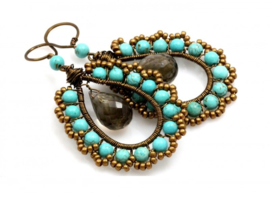 Oorhangers Vintaj Wire en Briolette Smokey Topaz/Turquoise