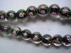 Lampworkglaskraal 12mm Zwart/Roze bloemetje,  per stuk