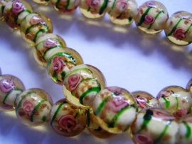 Lampworkglaskraal 12mm Geel/Roze bloemetje, per stuk