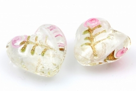 Lampworkglaskraal 20mm Hart Wit/Roze/Goud, per stuk