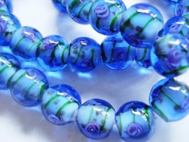 Lampworkglaskraal 12mm Blauw/Roze bloemetje, per 10 stuks