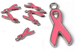1x Bedeltje 19x8x1mm Pink Ribbon, Email/zilverkleur