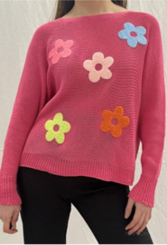 Katoenen trui met boothals en bloemenmotief -Framboos