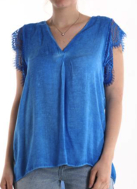 Blouse met korte mouwen en v-hals - Blauw