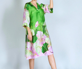 Groene twill floral midi silk dress