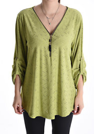 Blouse met ritssluiting en broderie. Lichtgroen