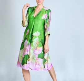 Groene twill floral midi silk dress