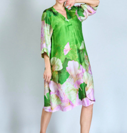 Groene twill floral midi silk dress