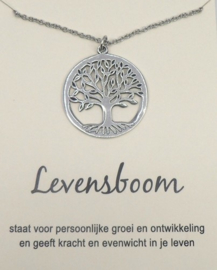 Levensboom verzilverde hanger aan ketting, op cadeaukaartje