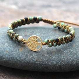 Gevlochten armband met Jade en Levensboom goudkleurig
