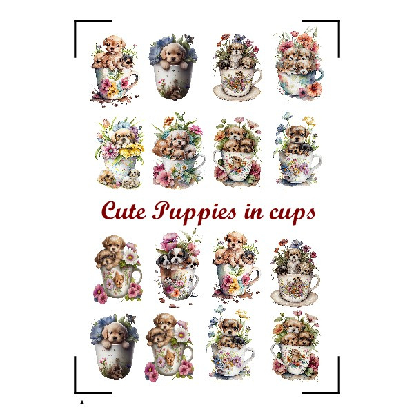 Stickervel Cute Puppies in teacups