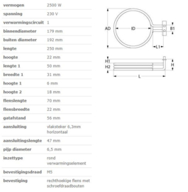 verwarmingselement 2500W 230V binnen ø 179mm buiten ø 192mm