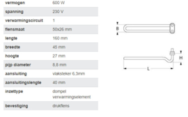 Verwarmingselement tank 600 watt