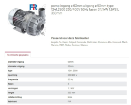 pomp type 1241.2500 50Hz 1,1kW 230/400V ingang ø 63mm uitgang ø 53mm fasen 3 L 330mm